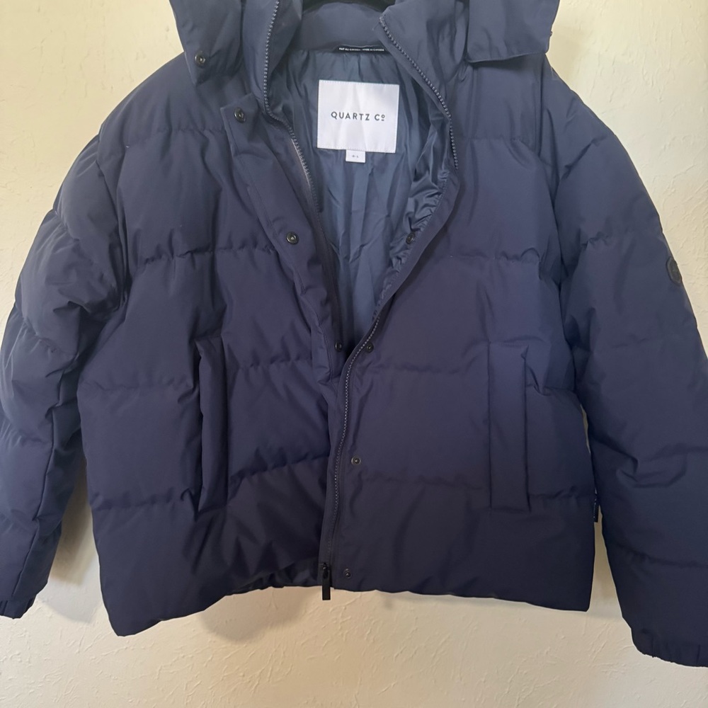 Quartz Co. Zoe Down Puffer Jacket Zipper Snap Button Navy Blue Size L